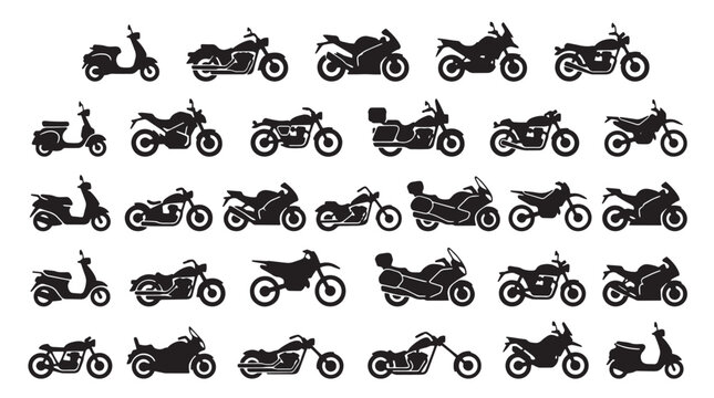 Motorcycle silhouette collection, 34 black motor bike icons, vector set of diverse scooters and sport bikes for transport design and infographics