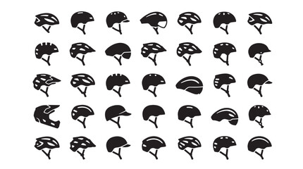 Obraz premium Bicycle helmet icon set, collection of 35 black vector cycling head protection symbols, mountain bike and road racing helmet silhouettes for sports safety