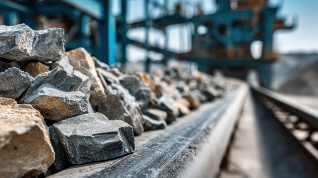 Crushed stones on a moving industrial conveyor belt. Symbolizes heavy construction materials.
