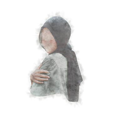 Soft Watercolor Islamic Woman in Elegant Hijab PNG Graphic Element