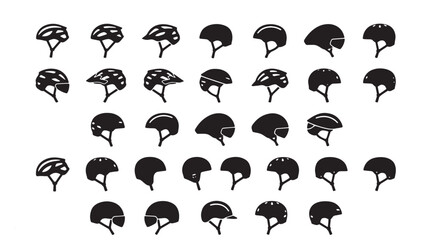 Obraz premium Bicycle helmet icon set, 33 black vector silhouettes of cycling safety headgear, protective sports equipment for mountain biking and road racing