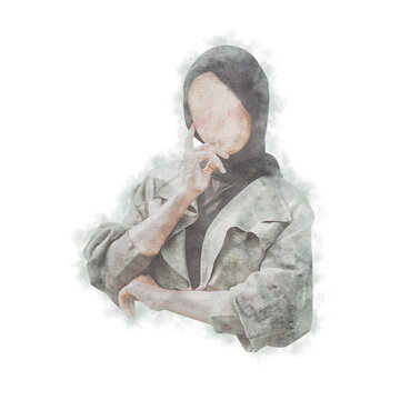 Cute Watercolor Muslim Woman in Hijab PNG Clipart with Soft Pastel Illustration