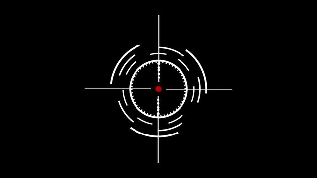 white crosshair targeting reticle with circular scale markings on black background aiming scope crosshair.4K video animation.