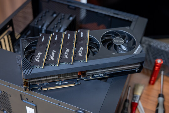 Expensive components for assembling a top-end PC. GeForce Gigabyte RTX graphics card and four DDR Kingston Fury memory modules. Pavlodar, Kazakhstan - January 7, 2026