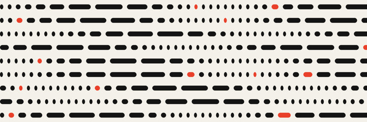 Abstract morse code dash rhythm wide banner in black on cream with red accents, Rounded dots and dashes rows pattern, modern geometric vector background for header and editorial design © MaazJanx