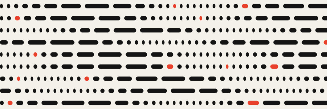 Abstract morse code dash rhythm wide banner in black on cream with red accents, Rounded dots and dashes rows pattern, modern geometric vector background for header and editorial design