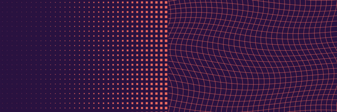 Abstract duo pattern wide banner in coral on dark violet, Pixel halftone gradient meets curved moire grid split composition, modern geometric vector background for header and cover design