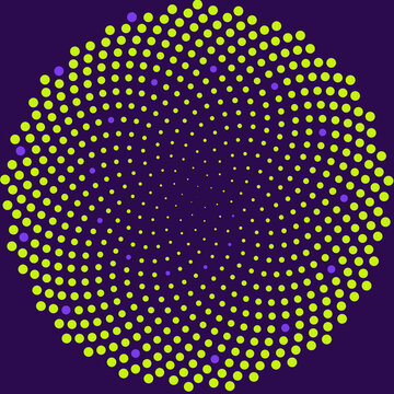 Abstract sunflower phyllotaxis dot spiral in neon green on deep purple, Golden angle seeds pattern with size gradient, modern geometric vector square background for science poster and branding