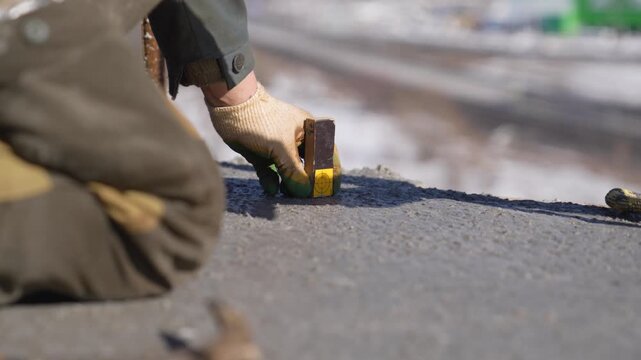Worker using a laser level target on a concrete surface