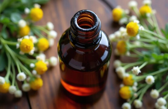 Amber glass bottle holds herbal liquid with feverfew flowers and green leaves. Dark brown wood surface provides copy space for health and wellness content. Natural remedy preparation scene.