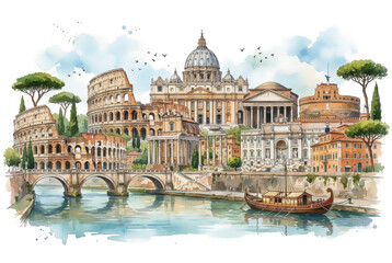 Obraz premium Iconic Rome landmarks collage: Colosseum, St. Peter's Basilica, Pantheon, and Trevi Fountain, showcasing ancient and Baroque architecture under soft light.