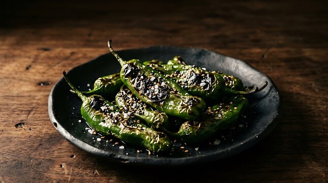 Roasted padron peppers with coarse sea salt served on a dark ceramic plate over a rustic wooden table.