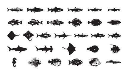 Black fish silhouette icons set, 30 marine animal vector elements, sea life and ocean creature symbols for seafood restaurant branding © khadija