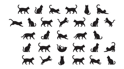 Black cat silhouettes collection, 29 feline vector icons in various poses, minimalist pet animal shapes for logo design and web graphics © khadija
