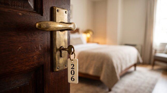 Slightly Open Dark Wooden Door to a Cozy, Warm Hotel Room with Key Number 206 in the Lock