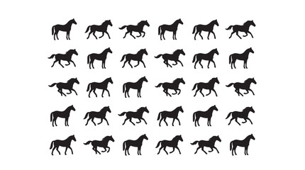 Fototapeta premium Black horse silhouettes in motion, set of 30 running stallion icons, galloping equine animal vector collection for equestrian sports and racing