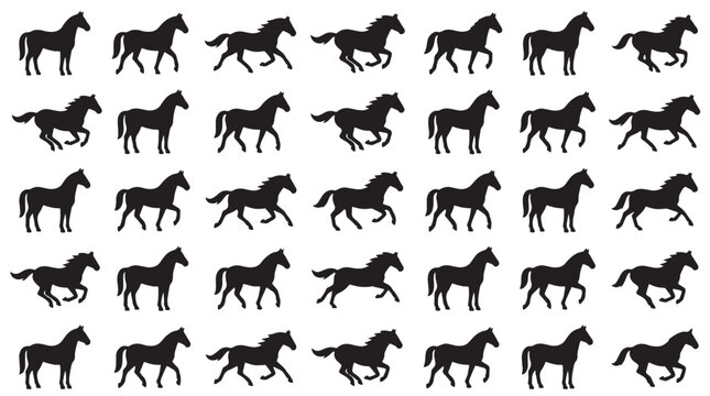 Running horse silhouette collection, set of 35 black stallion vector icons, galloping mustang movement sequence for equine sports and ranch branding