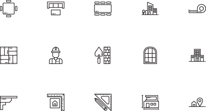 Architecture & Interior Design icon set featuring residential living room layouts modern corporate buildings hardhat workers and bricklaying trowels outline vector