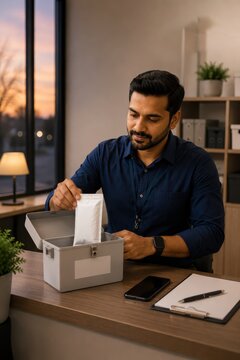 Indian Support Agent Checking Secure Sample Handover Box in Evening Office