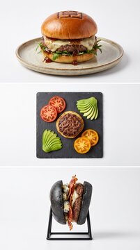 Three delicious burgers are displayed, one is served on a plate, another is presented with its ingredients, and a third one has a black bun