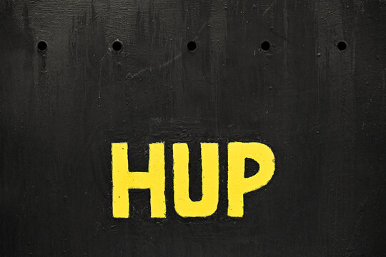 HUP Yellow Stencil Sign on Black Metal Gas Valve Box in Prague