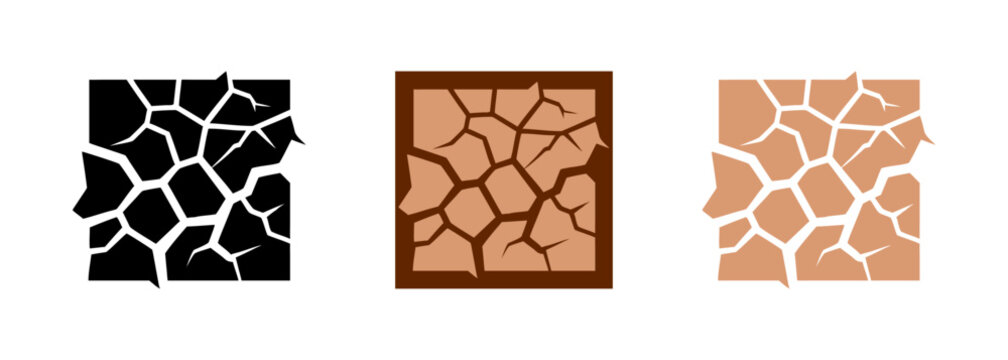 Cracked dry earth texture icon in three color styles. Set of three cracked ground silhouette icons depicting drought-affected soil, shown in black, brown, and tan color variations