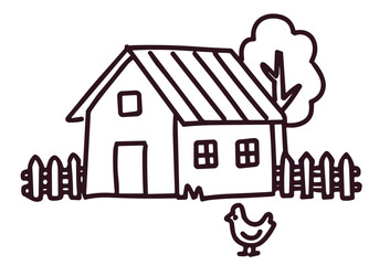 Fototapeta premium Simple Cute Cartoon Farmhouse Building With A Small Chicken Bird 