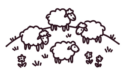 Obraz premium Simple Cute Cartoon Flock Of Sheep On The Green Hill 