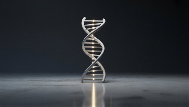 3d dna helix with glowing core on dark background, symbolizing crispr gene editing, genetic research, and molecular innovation.