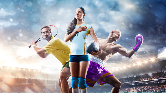 A multi-sport collage depicting various sports and hobbies. Athletes in a beautiful, large stadium full of fans. A collage of several sports. Collage