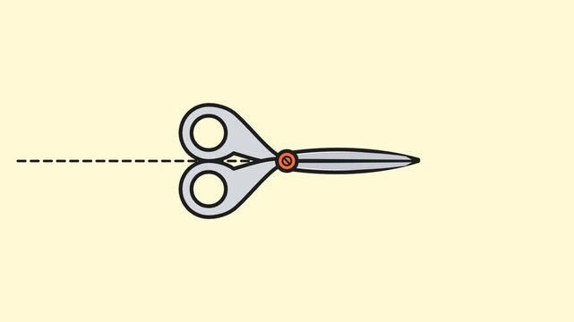 Minimalist Animation of Scissors Cutting Paper Along Dotted Line.