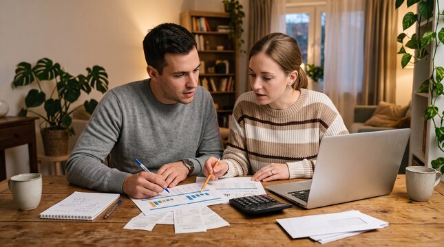 Couple reviewing financial documents and using laptop at home for budgeting and planning