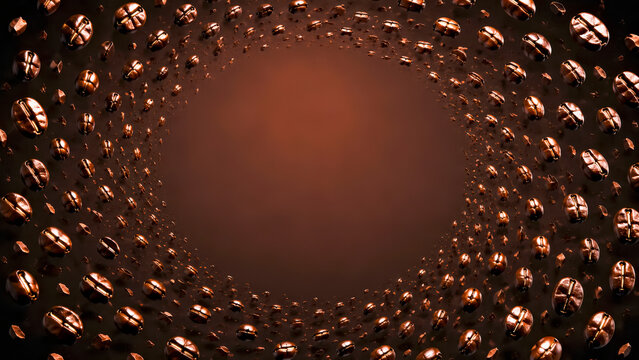 Levitating Coffee Beans  with Empty Central Area on Brown Background