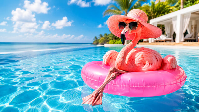 Flamingo Floating  on Inflatable Ring, Long Legs Elegantly Folded like a Glamorous Vacation Icon