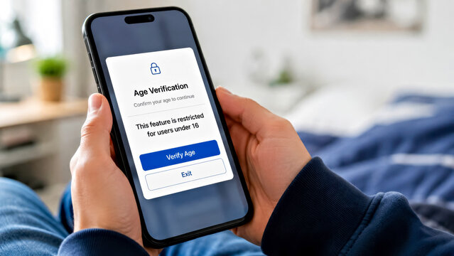 Hands Holding a Smartphone, a Pop-Up Age Verification Window with Text Interface is Displayed on Screen