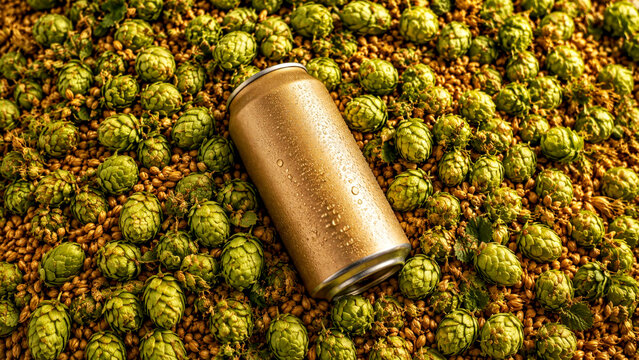 Blank Beer Can  Resting in Fresh Hops and Malted Barley, Craft Brewing Ingredient Background