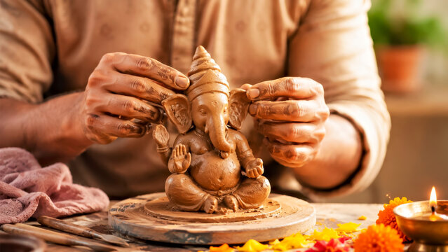 Close Up of  Hands Sculpting Clay Ganesha Idol for Ganesh Chaturthi Festival