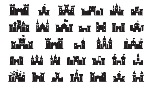 Medieval castle silhouette icons set, 35 black fortress and palace vector elements, royal kingdom architecture symbols for gaming and maps