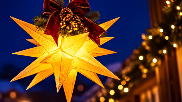 Close Up of Glowing Moravian Star with Red Velvet Bow and Christmas Bells at Blue Hour