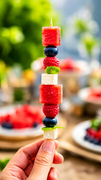  Hand Holding Skewer with Watermelon, Berries, Mint and Cheese, Blurred Party or Picnic Background