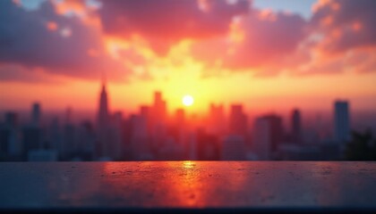 Fototapeta premium Out of focus cityscape with silhouette buildings under warm glowing sunset sky. Vibrant orange red clouds above urban skyline during evening twilight. Blurred metropolitan horizon provides peaceful