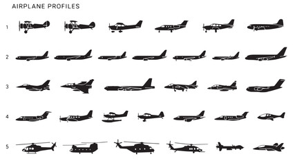Airplane profiles vector set, black aircraft silhouettes collection, commercial and military plane side view icons, aviation transport graphics © khadija