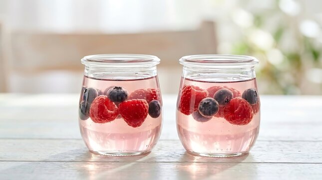 Two glass jars of pink fruit jelly with fresh raspberries and blueberries on a wooden table