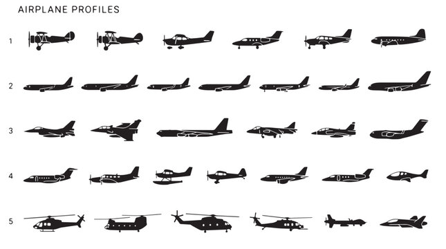 Airplane profiles vector set, black aircraft silhouettes collection, commercial and military plane side view icons, aviation transport graphics