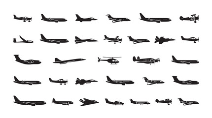 Aviation silhouette collection, 30 airplane icons set including commercial jets and fighter planes, black aircraft vector elements for flight logistics © khadija