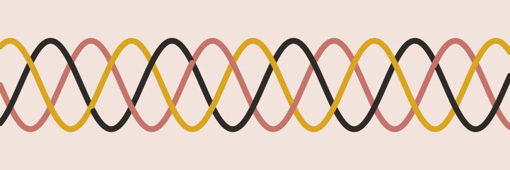 Abstract interlaced braid strands wide banner in rose black and mustard on blush, Three woven sine waves rhythm, elegant vector background for header and textile branding © MaazJanx