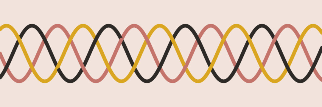 Abstract interlaced braid strands wide banner in rose black and mustard on blush, Three woven sine waves rhythm, elegant vector background for header and textile branding