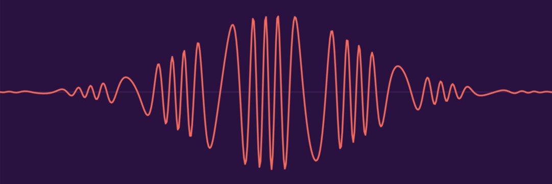 Abstract frequency pulse line wide banner in coral on dark violet, Calm to chaotic soundwave heartbeat oscillation, minimal vector background for audio header and health branding