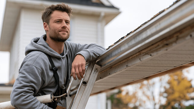 Gutter installation crew member perched on a tall extension ladder securing a seamless aluminum run along a two storey colonial home eave, caulk gun holstered, autumn leaves