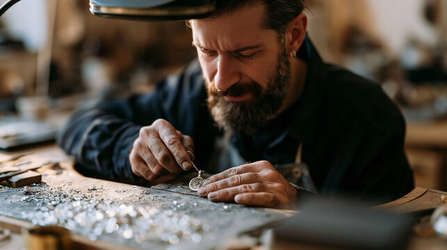 Silversmith with calloused hands soldering a delicate pendant under a jeweler's magnifying lamp in a cluttered workshop, metal shavings on the bench, close-up view of focused